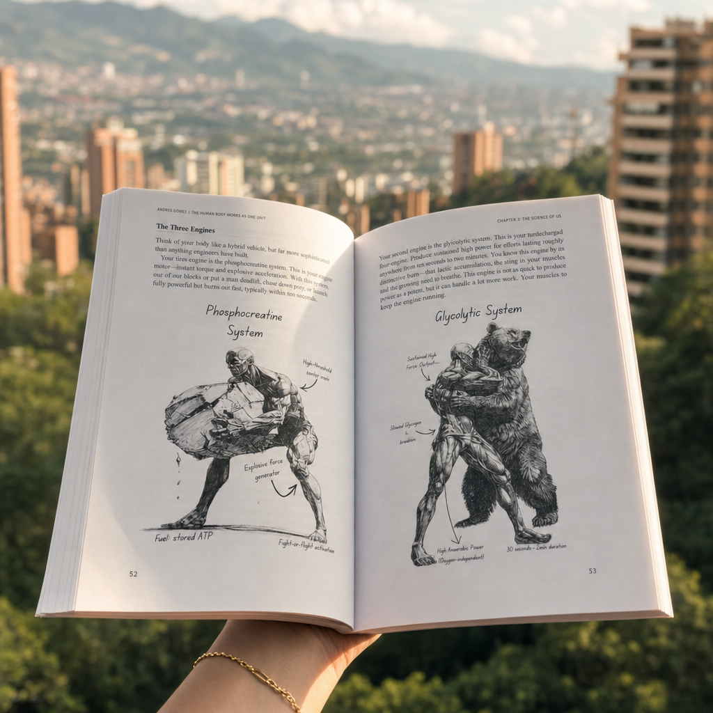 The book held open above Medellín, showing the Phosphocreatine and Glycolytic System spreads