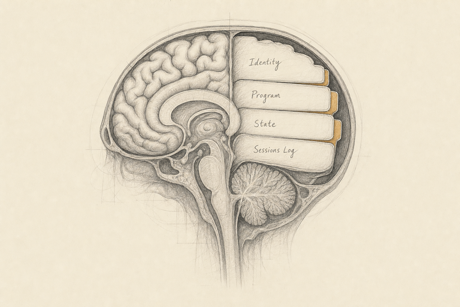 Pencil-sketch anatomical brain in sagittal cross-section — left half shows true cerebral cortex anatomy, right half morphs organically into four small notebook pages labeled Identity, Program, State, and Sessions Log with soft ochre tab edges