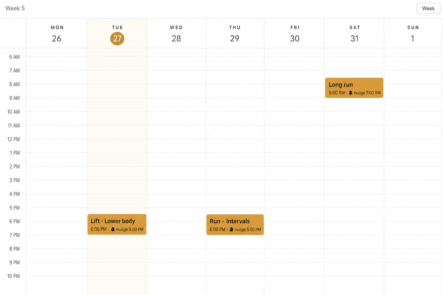 Calendar week view with three training sessions the coach scheduled: Tuesday lift, Thursday intervals, Saturday long run, each with a reminder set an hour before